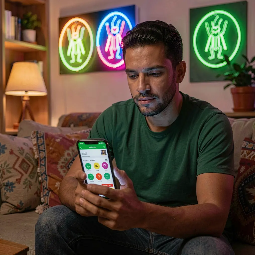 Modern living room scene with a Brazilian sports fan using the 79e betting app on his phone while colorful cricket icons glow behind him
